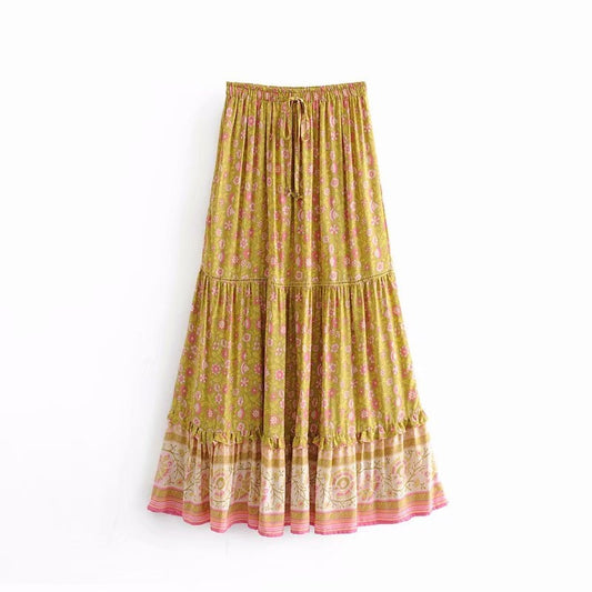 Bohemian Yellow Floral Print A-Line High Elastic Waist Maxi Skirt