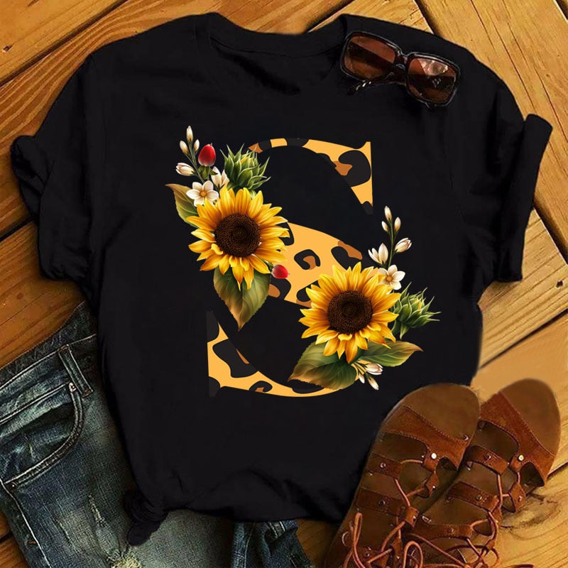 Leopard Sunflower Letter Print T- Shirt