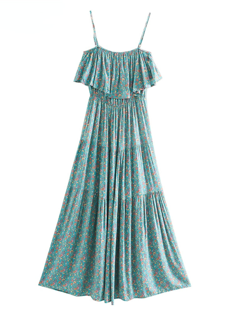 Vintage Floral Print Sleeveless Chic Ruffles Maxi Dress