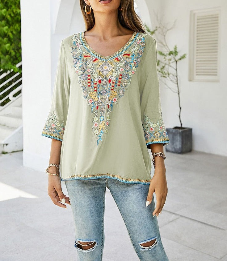 Boho Floral Chic Embroidered Hippie Shirt Blouse