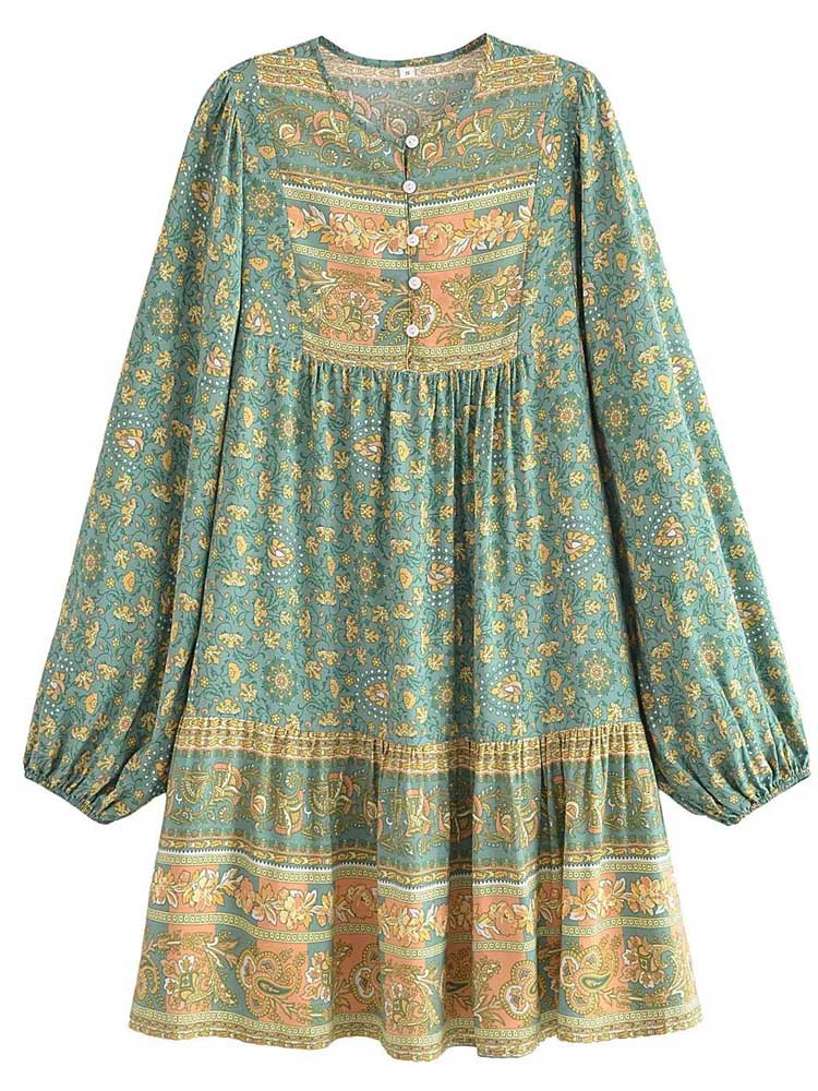 Boho Floral Print Cute Loose Fit Casual Mini Dress