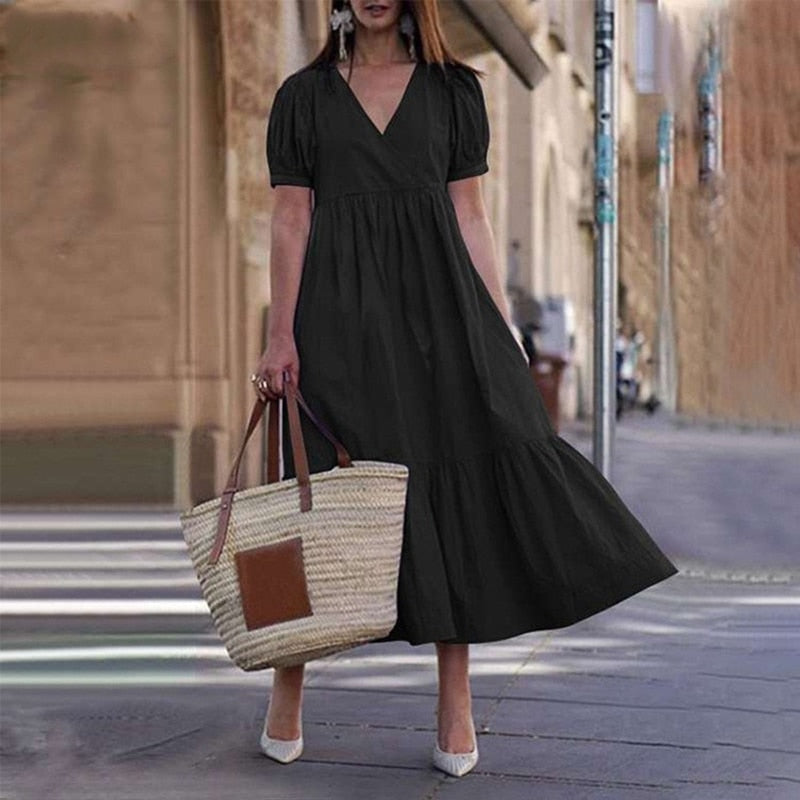 Elegant Solid Puff Sleeve Cotton Linen Dress
