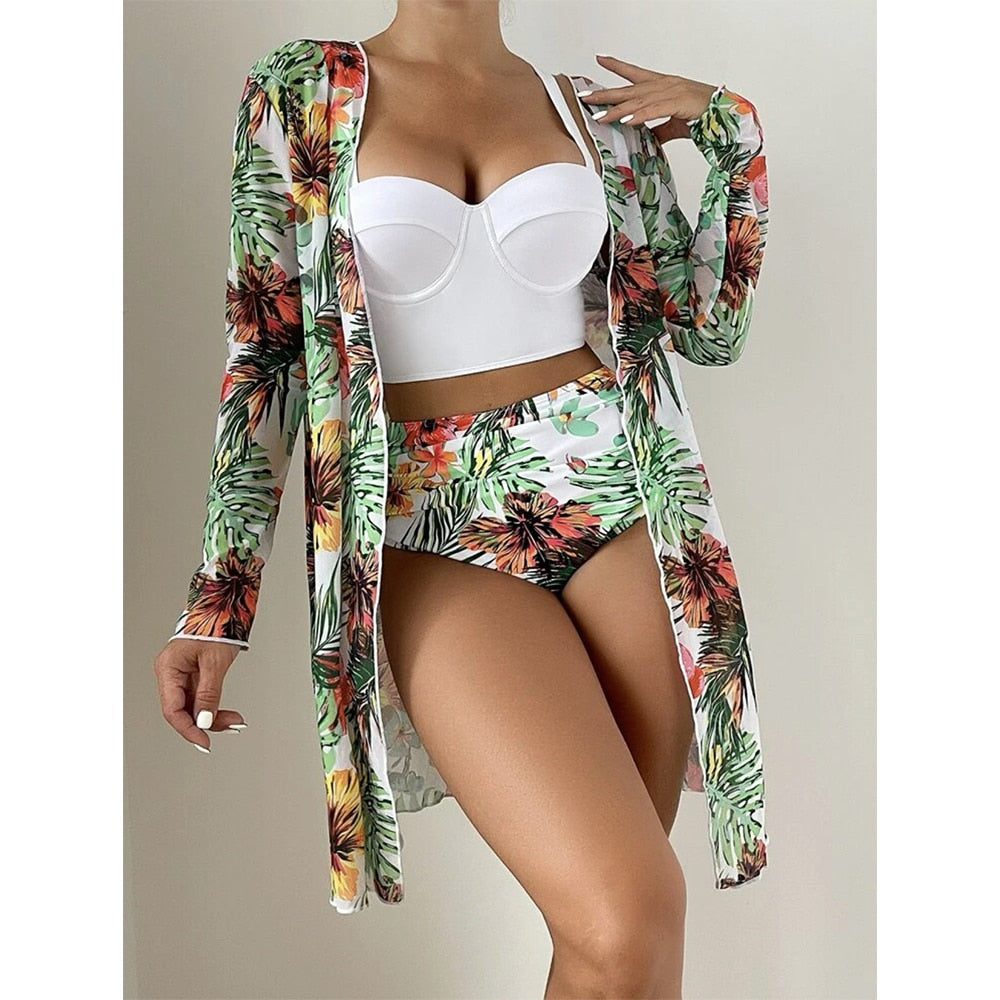 Women Printed High Waist Sexy Bikini And Cover Set - XL