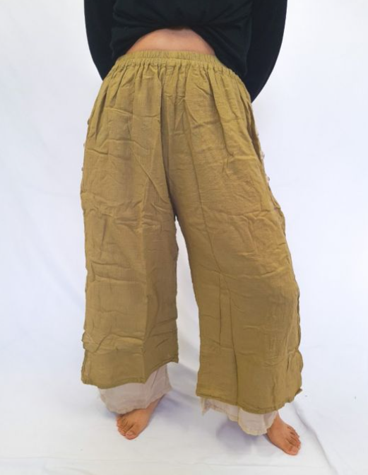 Cotton 2 Layer Pants With Side Splits And Elastic Waist