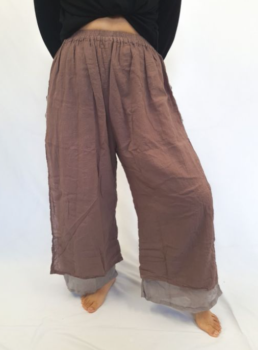 Cotton 2 Layer Pants With Side Splits And Elastic Waist
