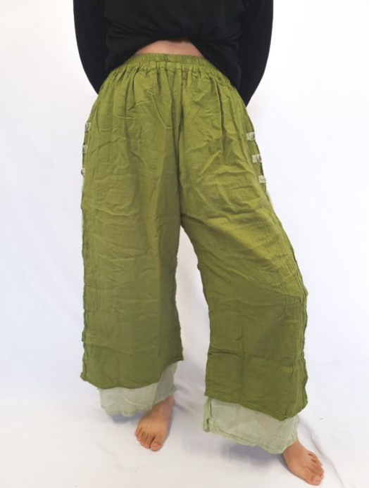Cotton 2 Layer Pants With Side Splits And Elastic Waist
