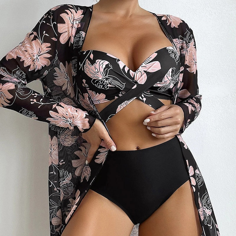 Women Printed High Waist Sexy Bikini And Cover Set - XL