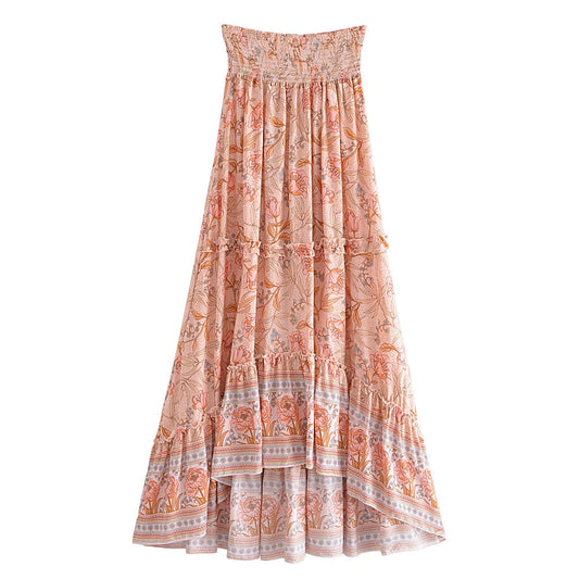 Vintage Floral Peacock Print High Elastic Waist Maxi Skirt