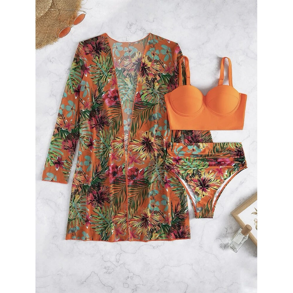 Women Printed High Waist Sexy Bikini And Cover Set - Large