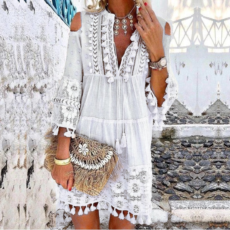Seven Sleeve Loose Fit Tassel Boho Dress