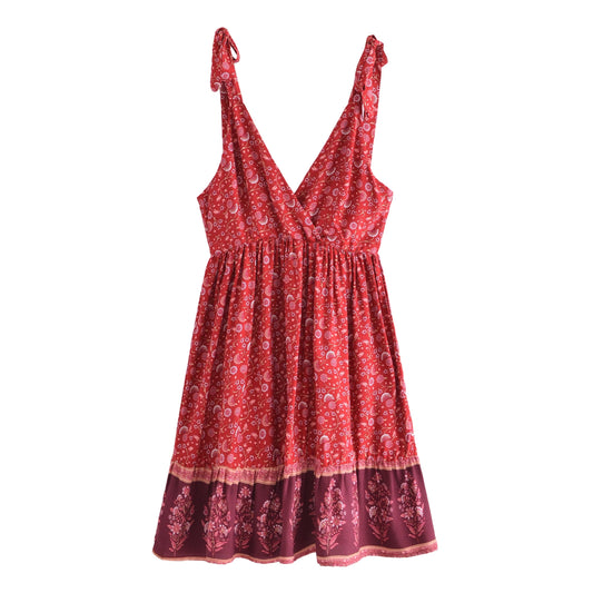 Boho Floral Print Deep V-neck Sleeveless Mini Dress