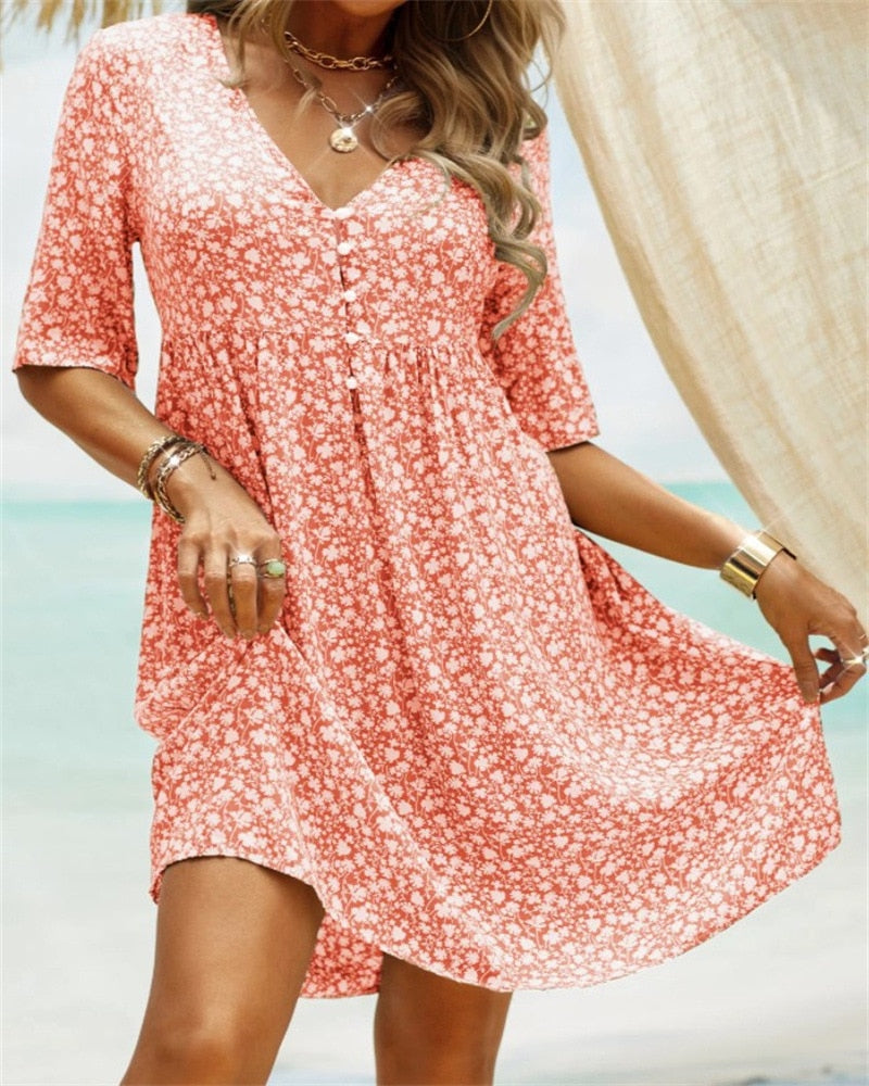 Summer V-neck Pullover A-line Button Knee-length Dress