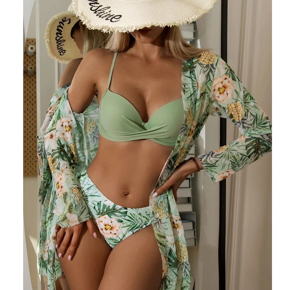 Women Printed High Waist Sexy Bikini And Cover Set - Large
