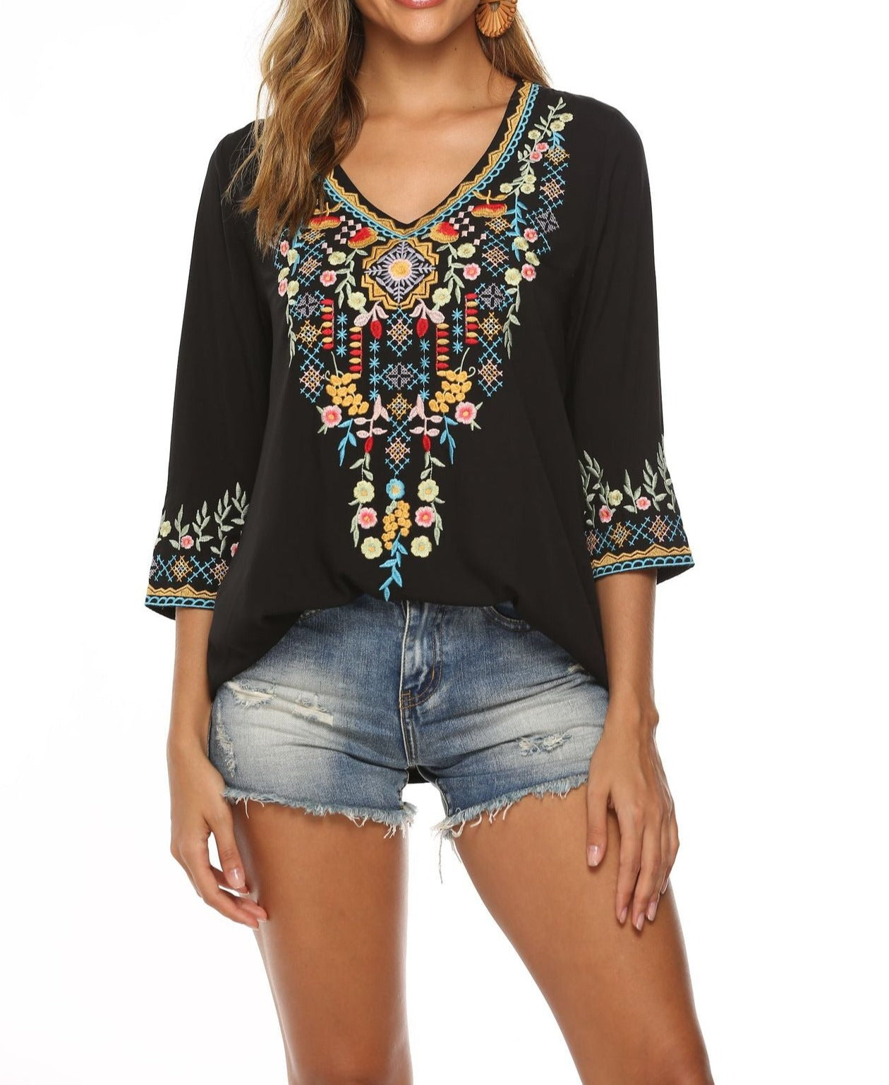 Boho Floral Chic Embroidered Hippie Shirt Blouse