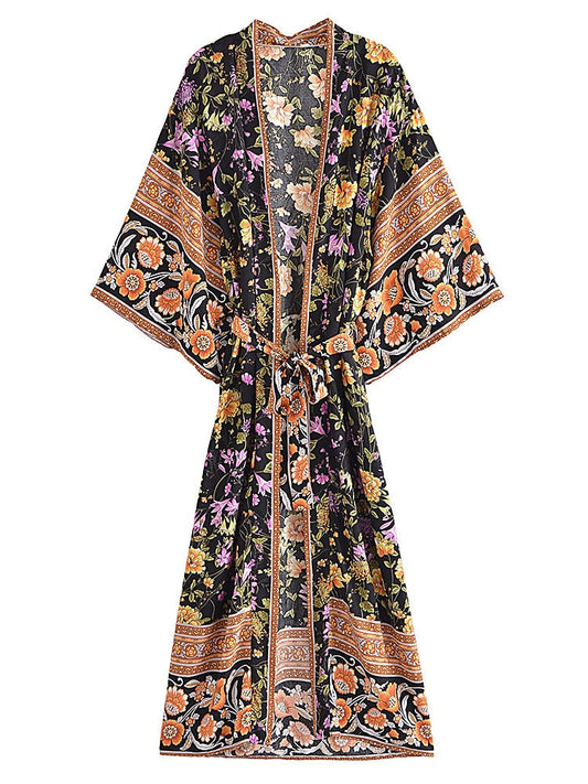 Vintage Chic Black Floral Print Kimono Swimsuit Cover-up Robe