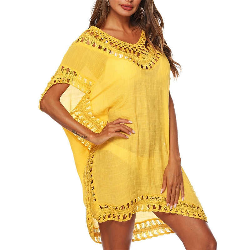 Sexy Hollow Out Solid Loose Tunic Bikini Cover Up Dress