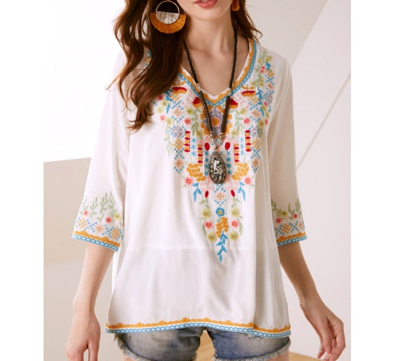 Boho Floral Chic Embroidered Hippie Shirt Blouse