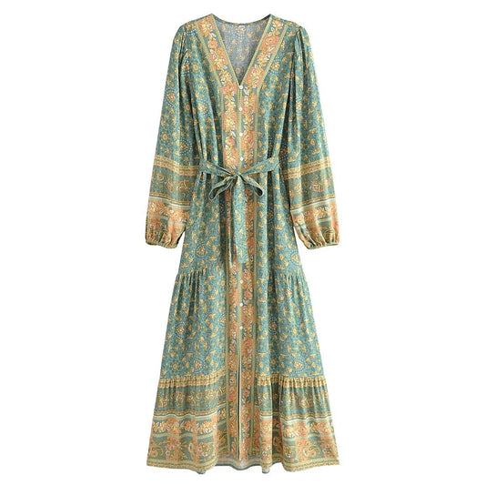 Green Boho Inspired Floral V-Neck Long Sleeve Maxi Dress