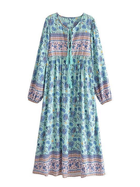 Vintage Chic Green Floral Tassel Kaftan Ladies Rayon Maxi Dress