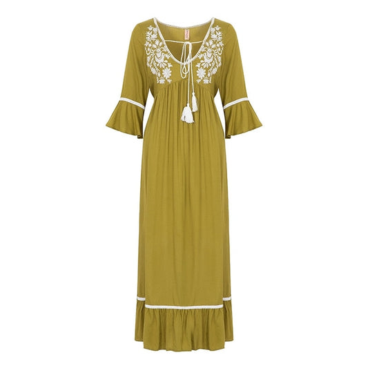 Vintage V Neck 3/4 Split Hem Maxi Floral Dress