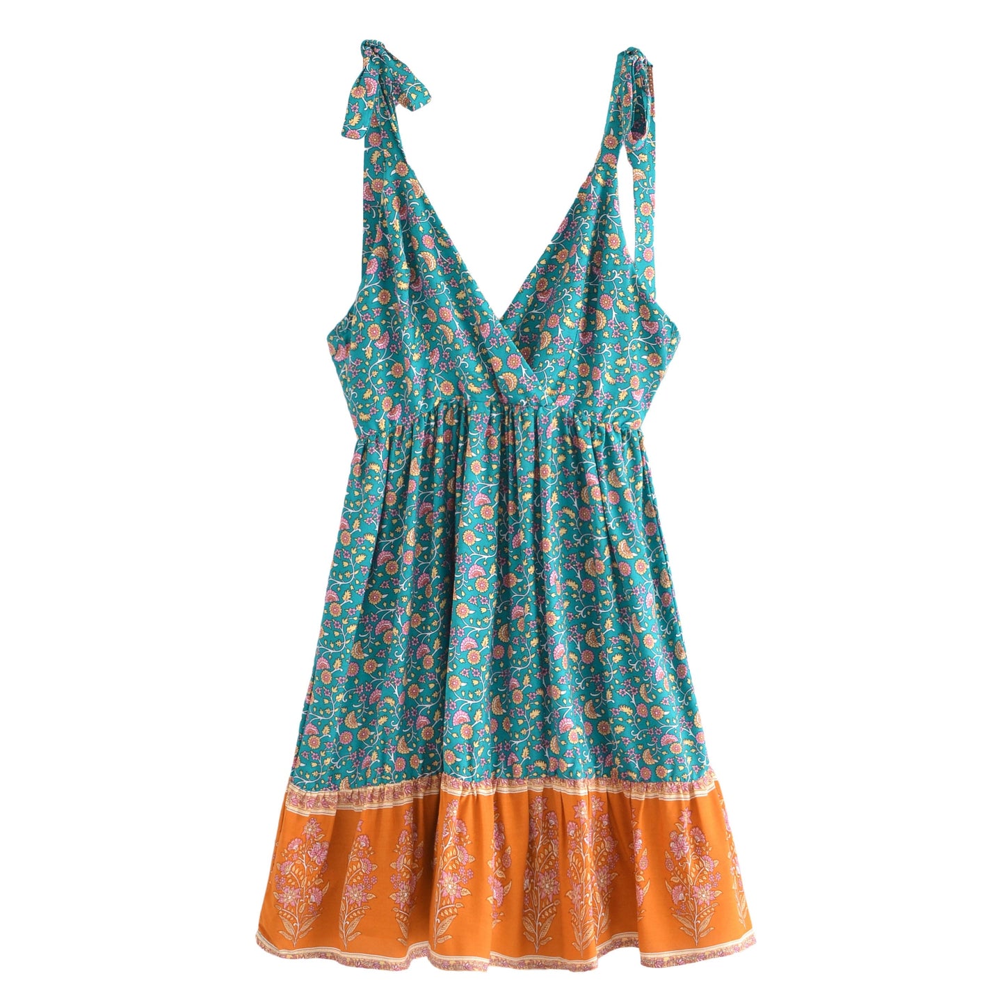 Boho Floral Print Deep V-neck Sleeveless Mini Dress