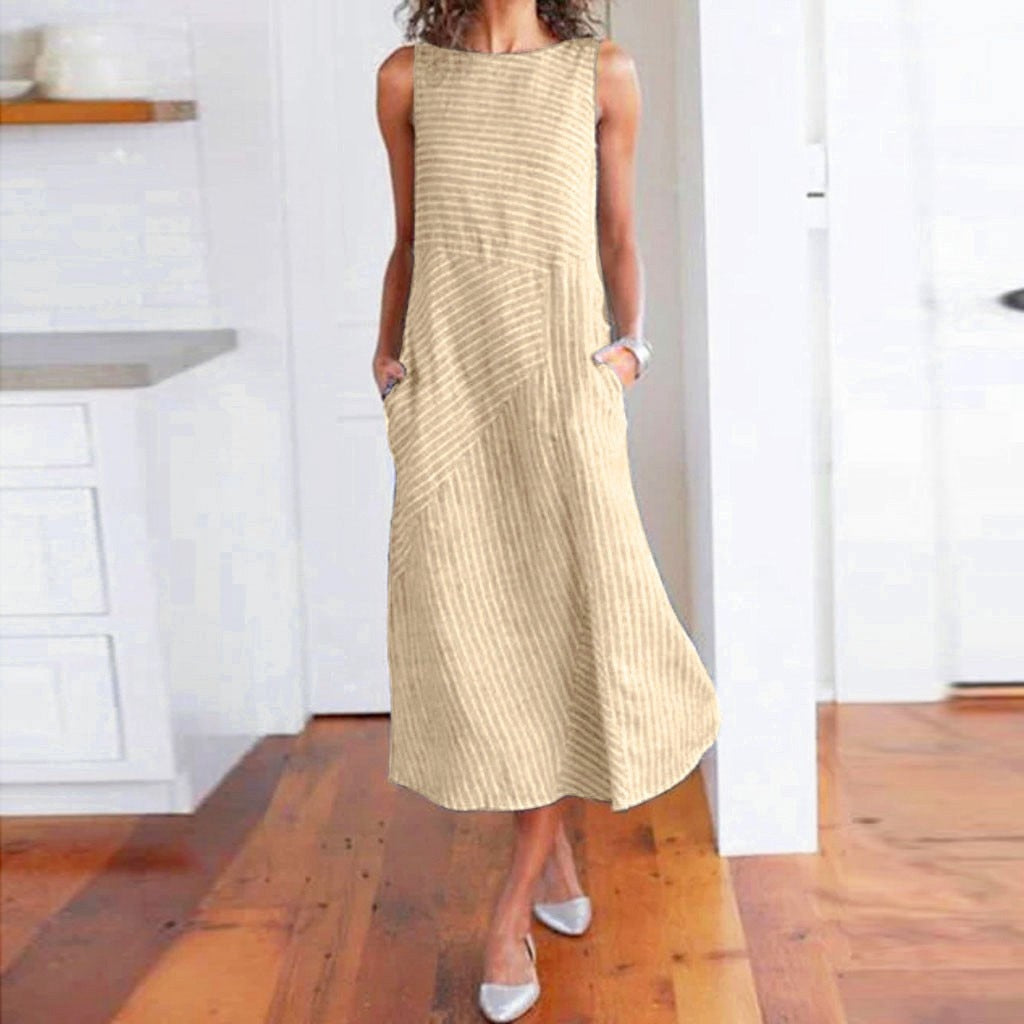 Sexy Striped Print Sleeveless Linen Pocket Sundress