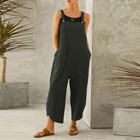 Solid Color Pocket Cotton Linen Strap Loose Jumpsuit