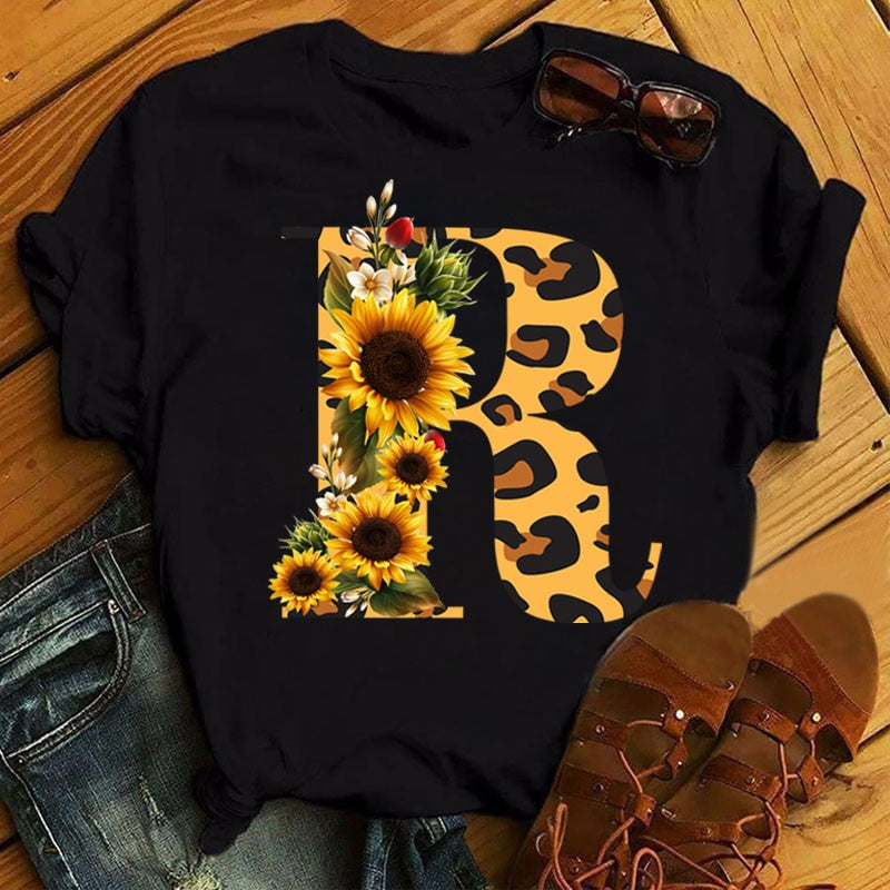 Leopard Sunflower Letter Print T- Shirt