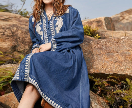 Boho Vintage Casual Embroidered Lantern Sleeve Loose Denim Dress