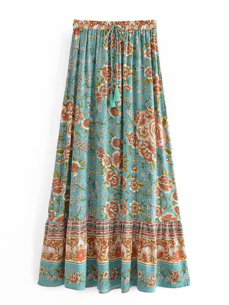 Vintage Purple Floral Print Chic High Elastic Waist Maxi Skirt