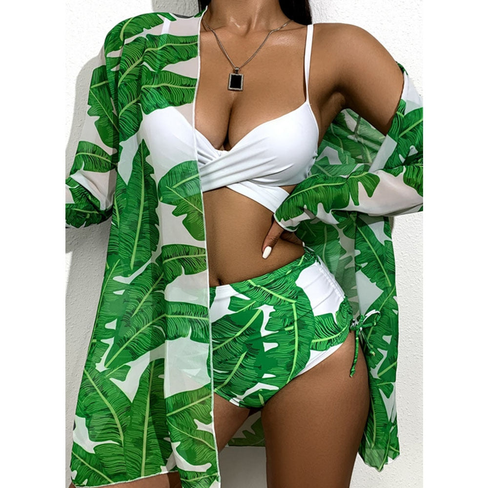 Women Printed High Waist Sexy Bikini And Cover Set - XL