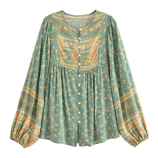 Women Green Long Sleeve Bohemian Blouse