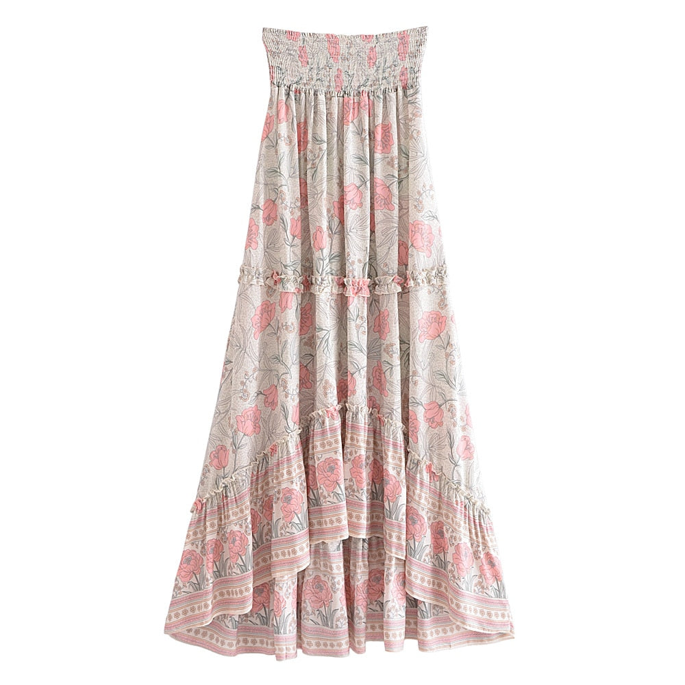 Vintage Floral Peacock Print High Elastic Waist Maxi Skirt