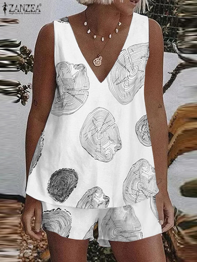 Solid Cotton Sleeveless Casual Tank Top and Shorts Matching Set