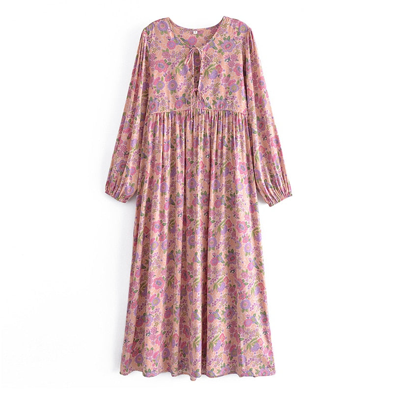 Boho Cotton Pink Floral Print Tassel Belt Beach Sundress