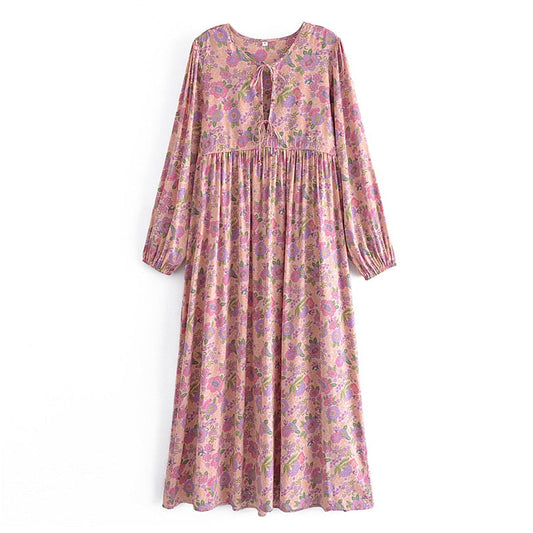 Boho Cotton Pink Floral Print Tassel Belt Beach Sundress
