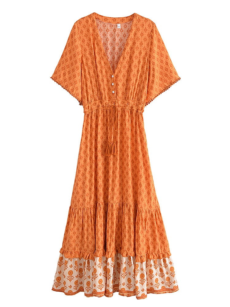 Vintage Floral Print V-neck Chic Rayon Tassel Maxi Dress