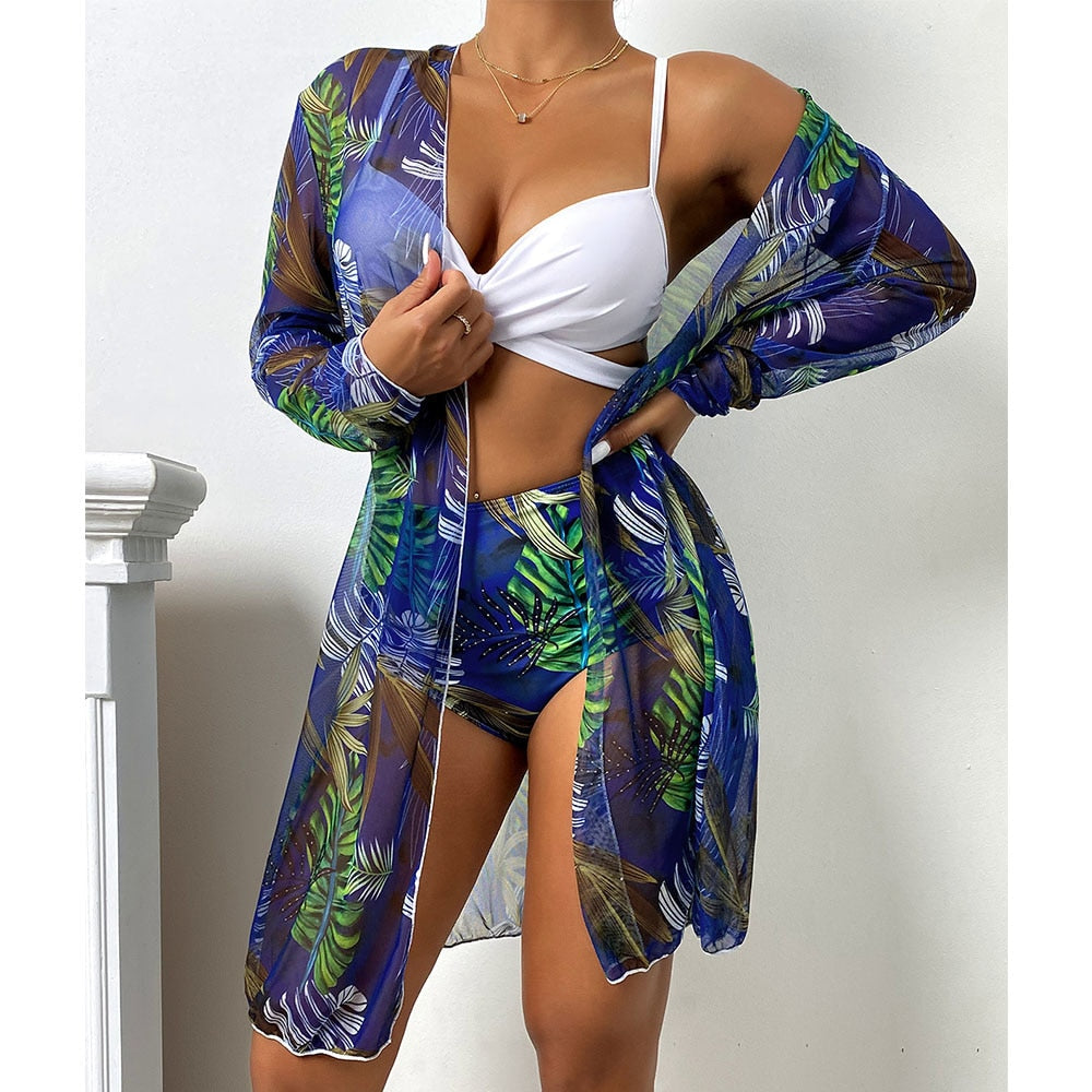 Women Printed High Waist Sexy Bikini And Cover Set - Large