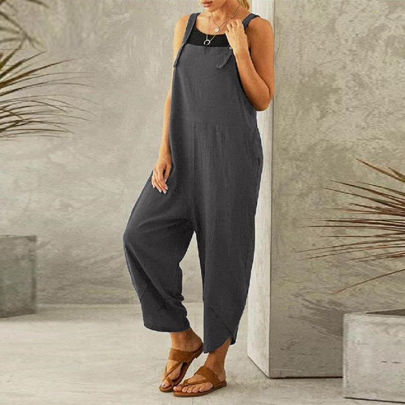 Solid Color Pocket Cotton Linen Strap Loose Jumpsuit