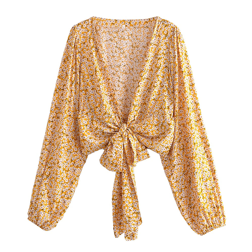 Boho Floral Ladies Bow Beach Robe Cover-up Crop Top