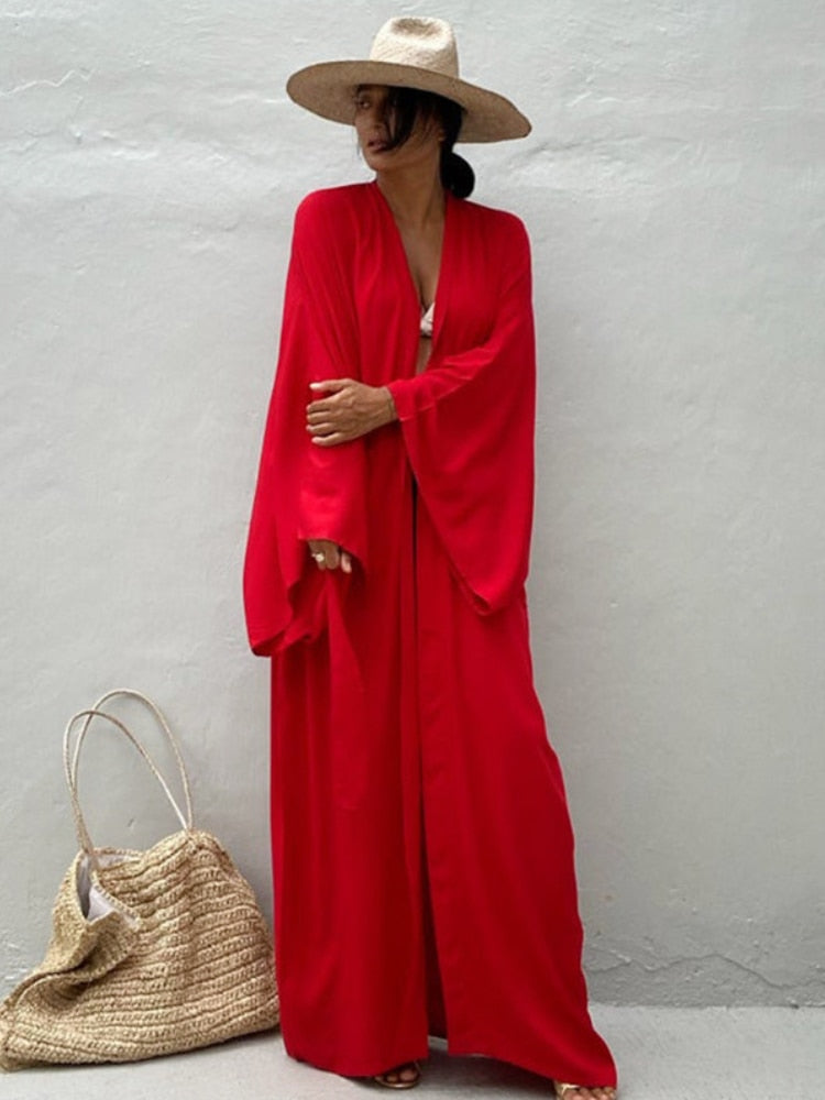 Solid Self Belted Wrap Kimono Cover Up Robe Dress