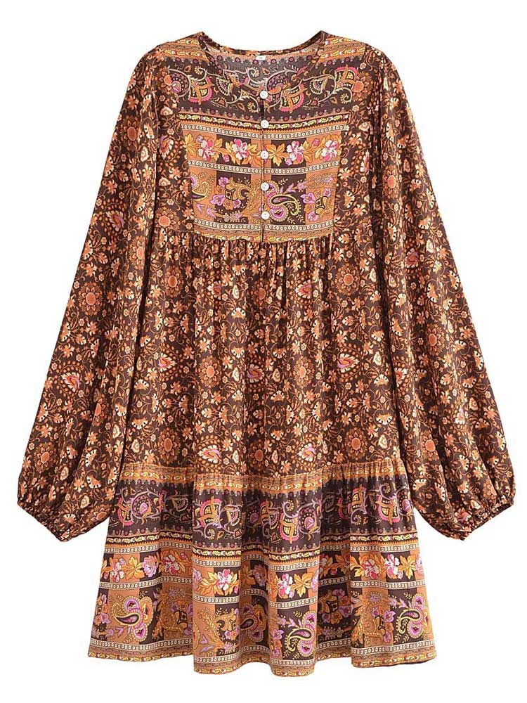 Boho Floral Print Cute Loose Fit Casual Mini Dress