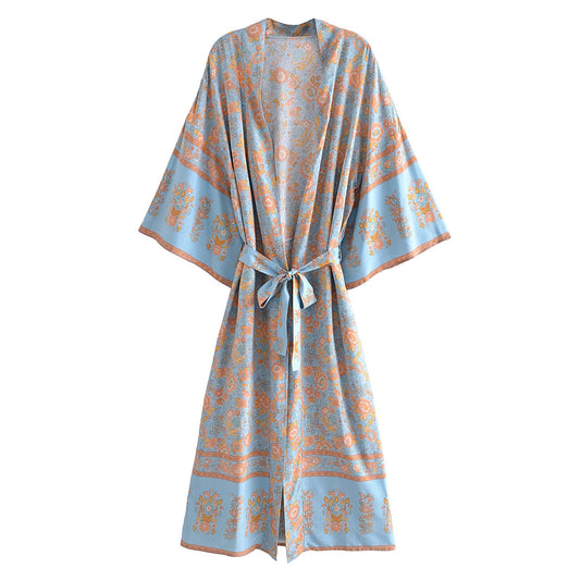Boho Blue Floral Print Sashes V Neck Batwing Sleeves Maxi Dress