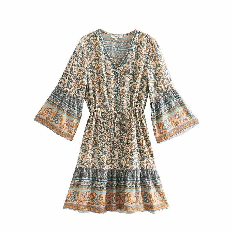 Boho Women Floral Tassel V-neck Flare Sleeve Beach Dress