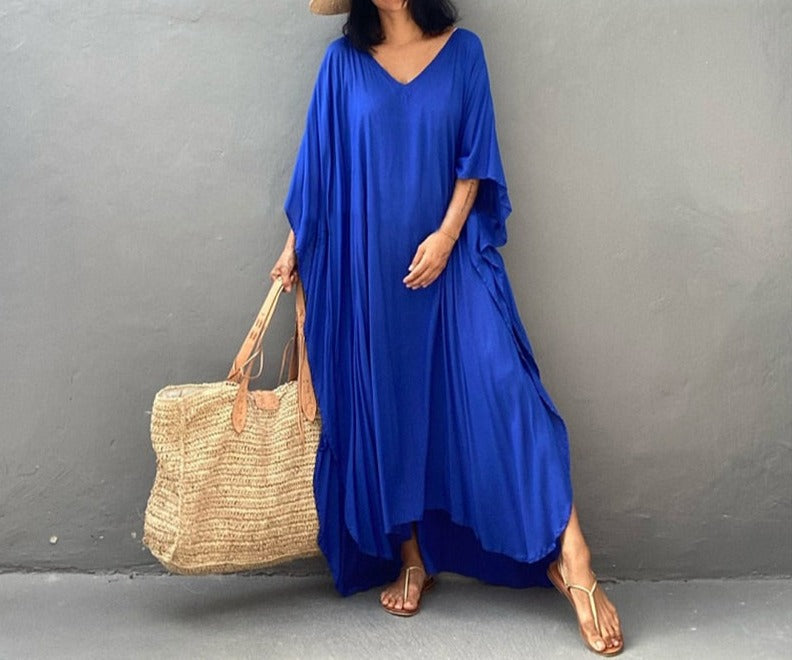 Solid Blue Plus Size Long Kaftan Casual Robe Maxi Dress