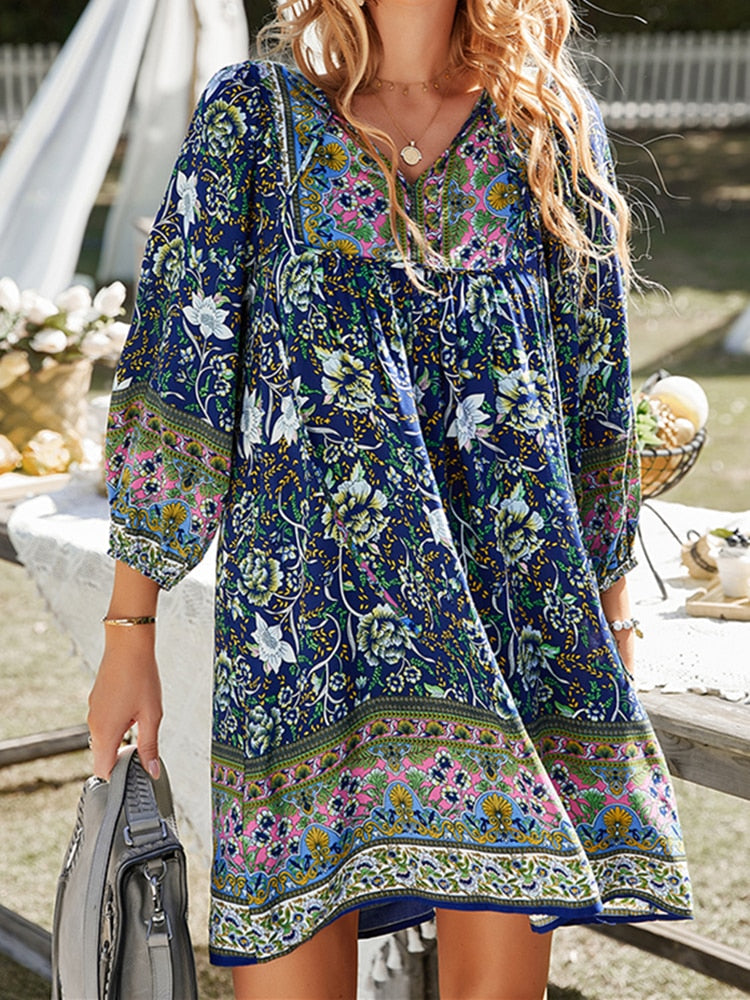 Boho Vintage Floral A-Line Tie Up Loose Mini Dress