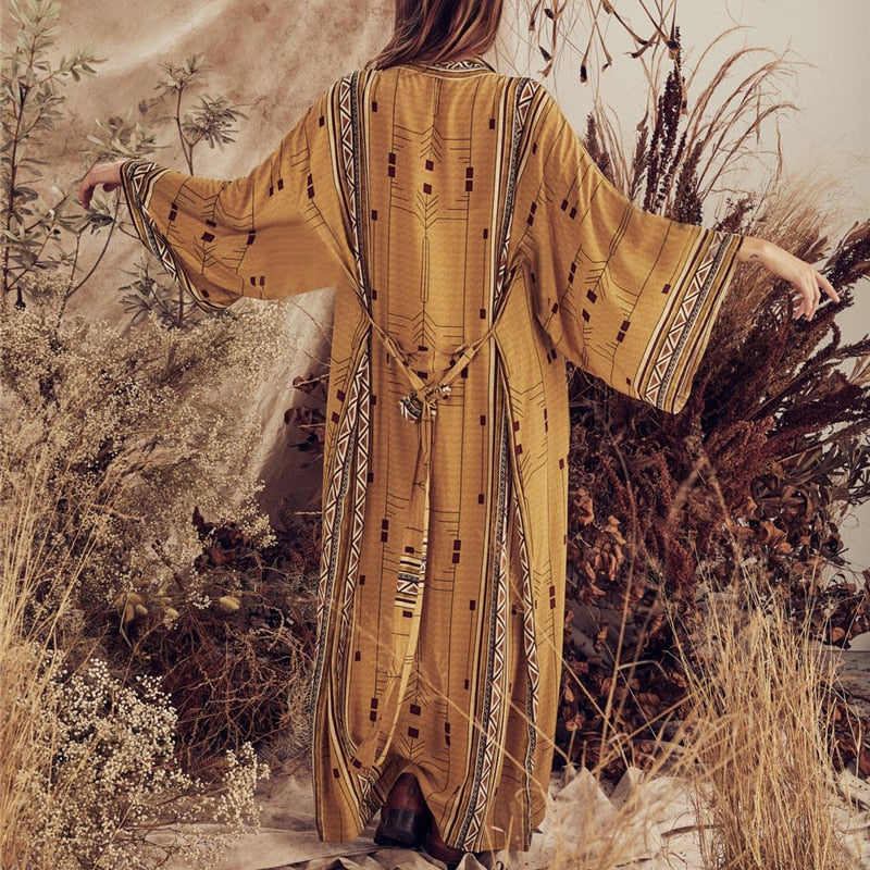 Boho Beach Beige Ethnic Print Kimono Cardigan