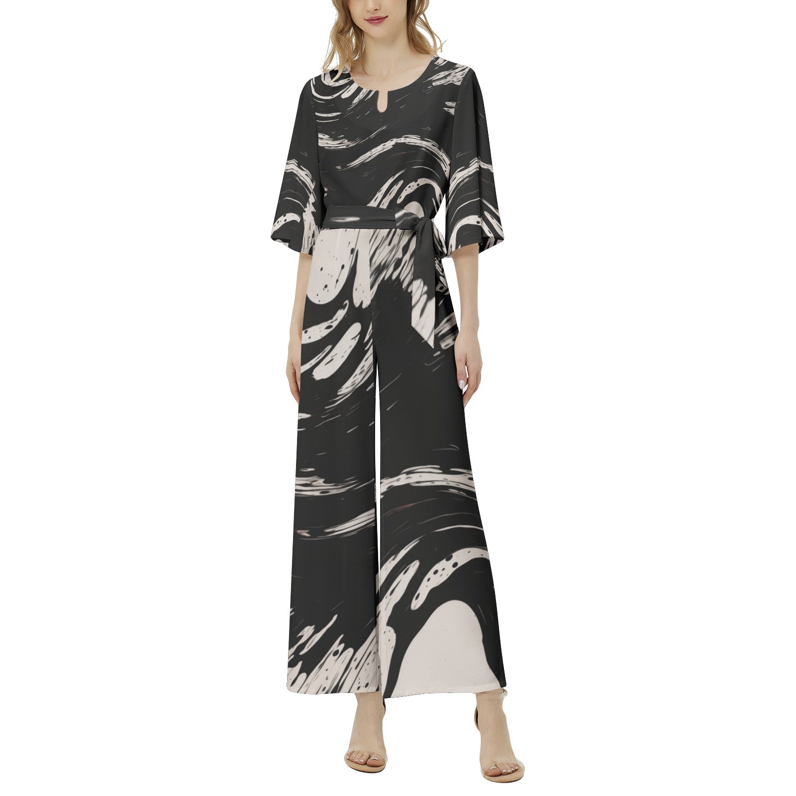 Suminagashi Art Style Floating Oily Ink Dolman Belted Jumpsuit