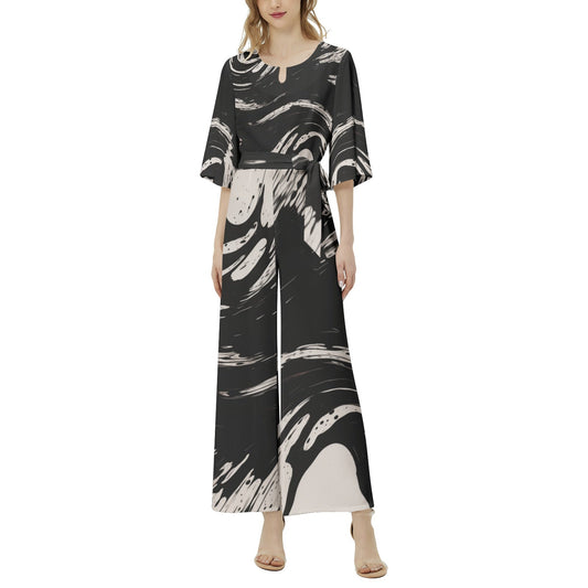 Suminagashi Art Style Floating Oily Ink Dolman Belted Jumpsuit