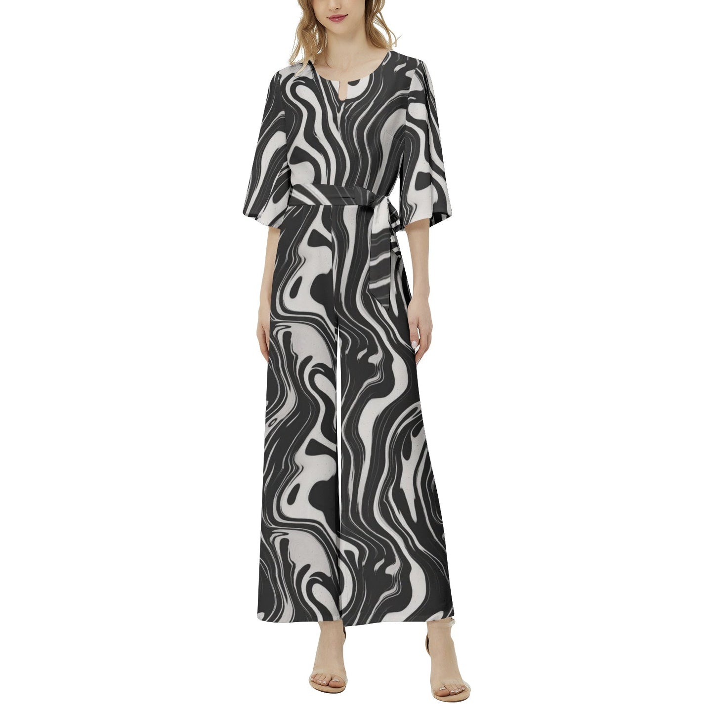 Wavy Black and White Ink Pattern Dolman Belted Jumpsuit